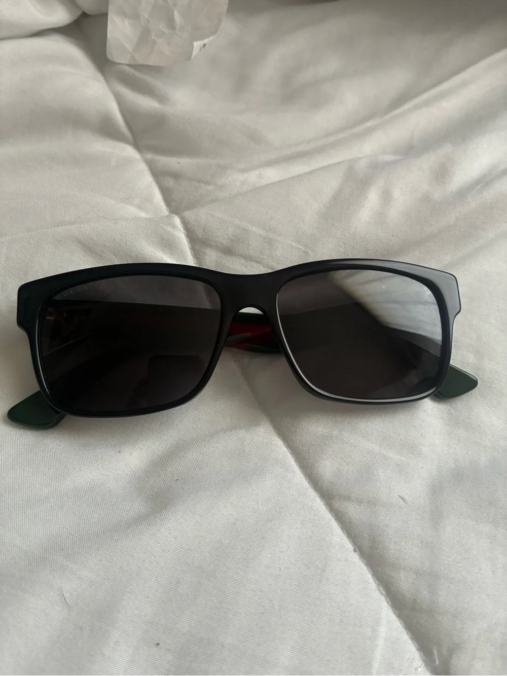 Gucci Black Rectangular Sunglasses with Green/Red Temple Tips
